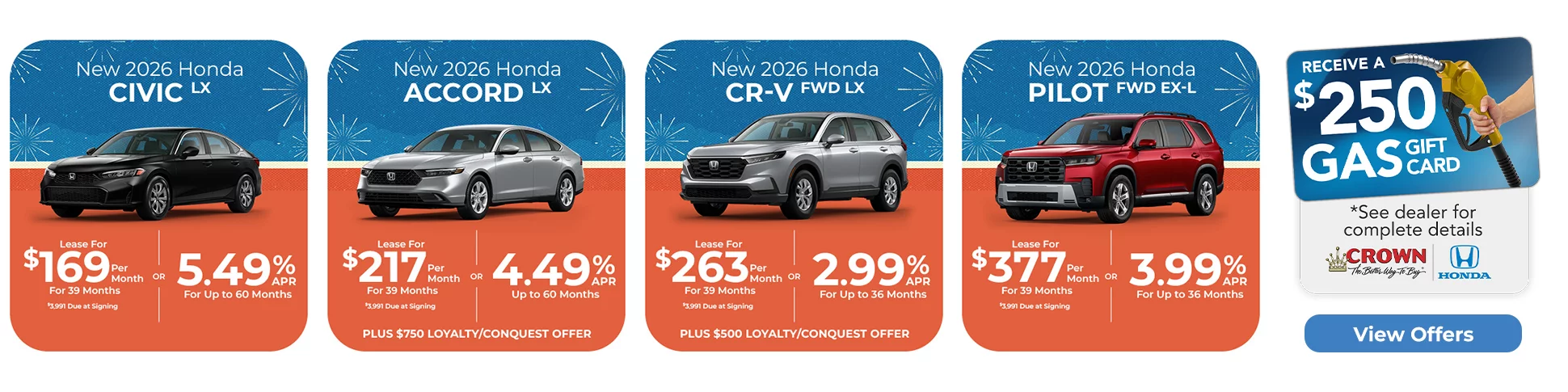 New 2026 Honda Civic LX, New 2026 Honda Accord LX, New 2026 Honda CR-V FWD LX, New 2026 Honda Pilot FWD EX-L