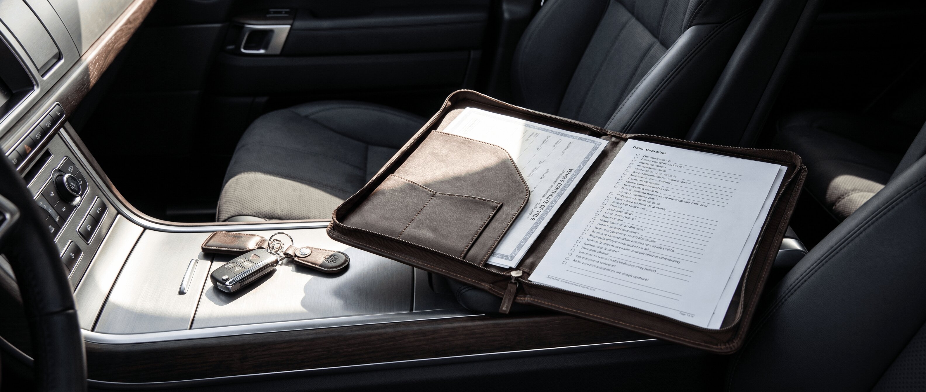 A neatly organized folder containing a vehicle title and maintenance records sitting on the clean dashboard of a car next to two electronic key fobs, symbolizing preparation for a dealership trade-in.