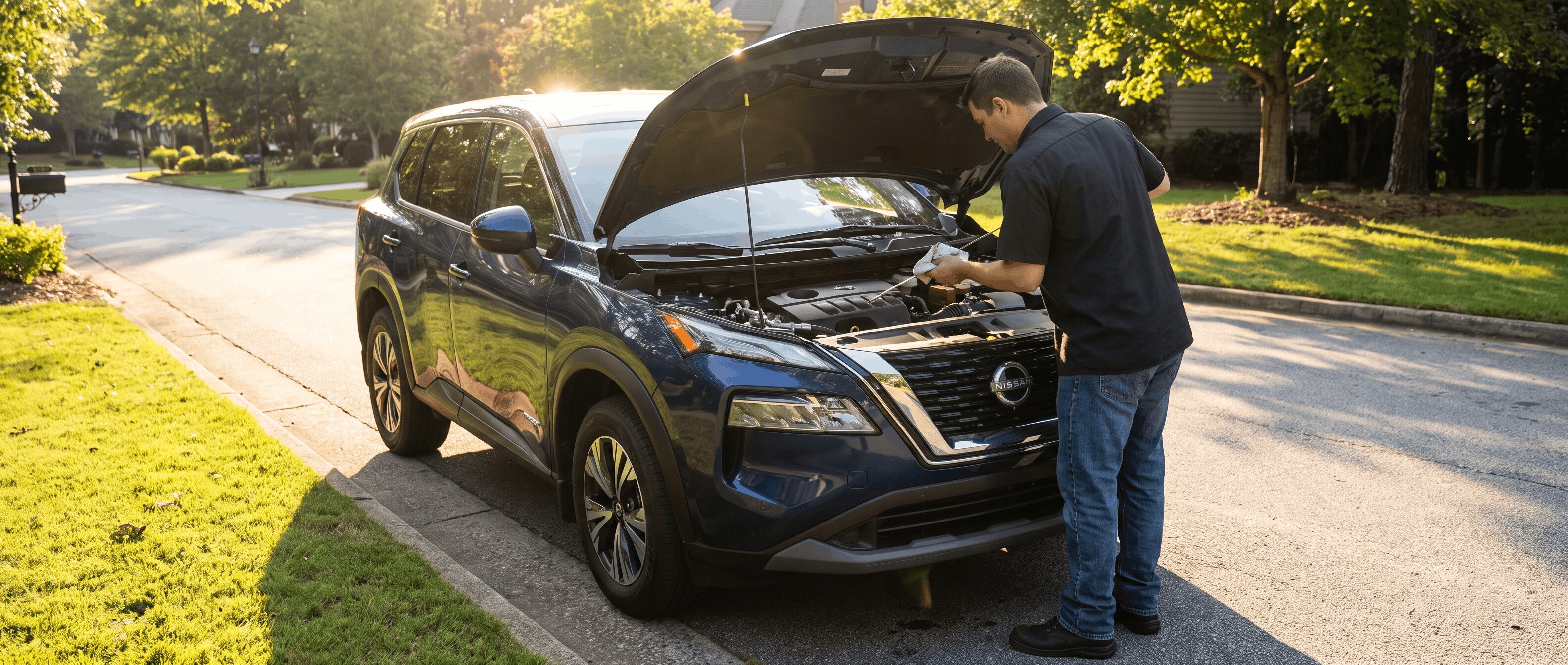 2026 Nissan Rogue oil check during Georgia summer heat in Roswell