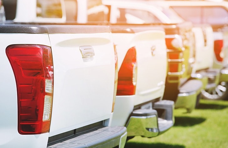 Row of white pickup trucks lined up on the lot