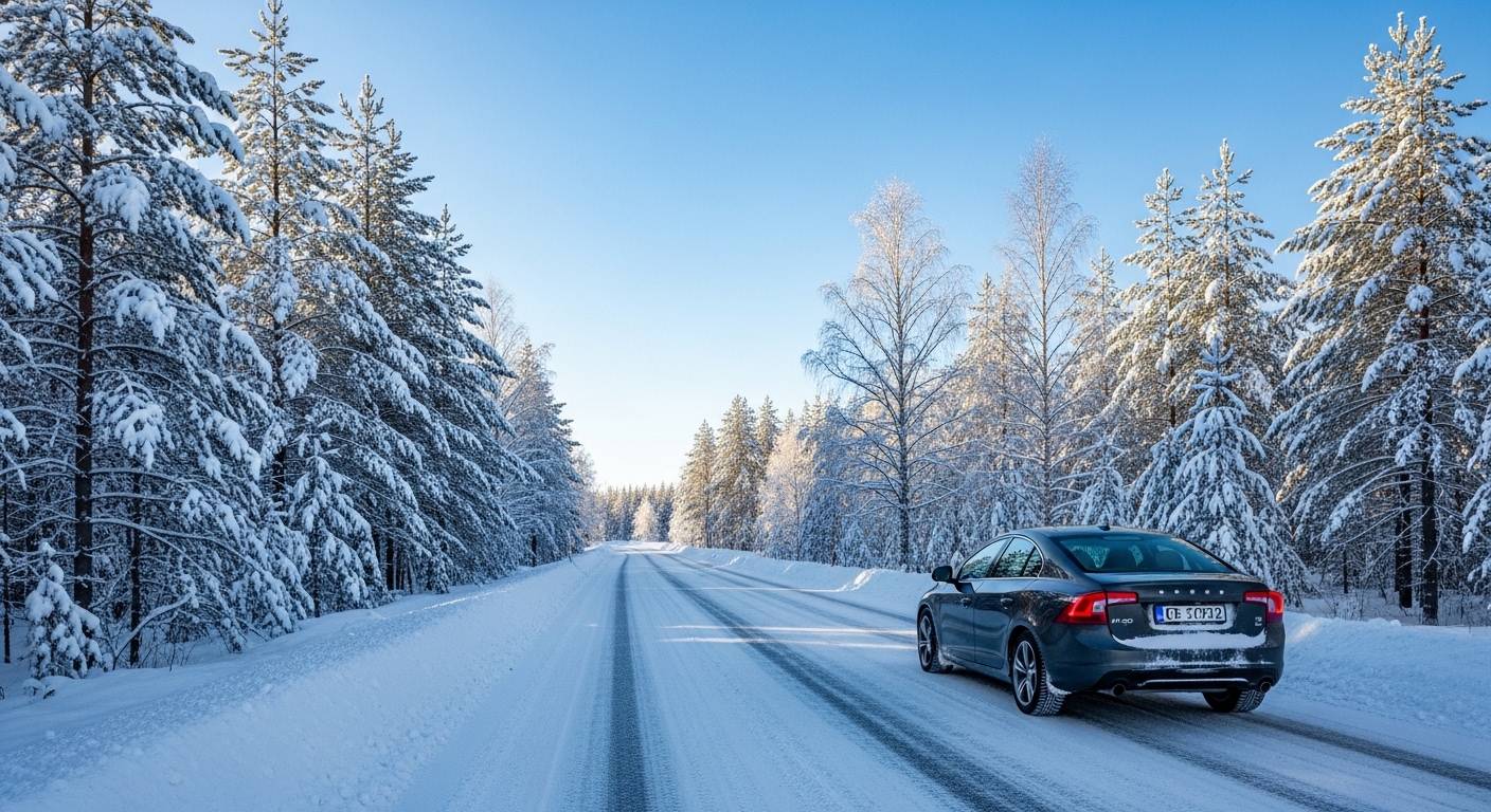 Car driving on a snowy road in winter conditions