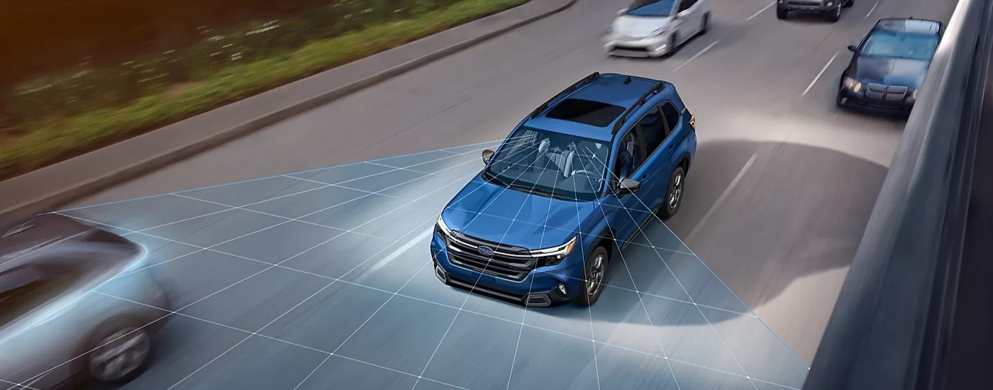 Simulated sensor lines coming from a blue 2026 Subaru Forester.