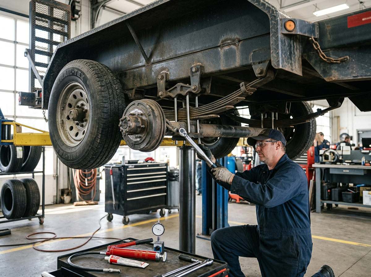 Trailer axle and suspension inspection on a service bay lift