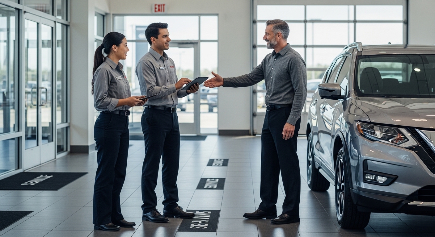 Service advisors at a Nissan dealership greet a Rogue owner for scheduled maintenance