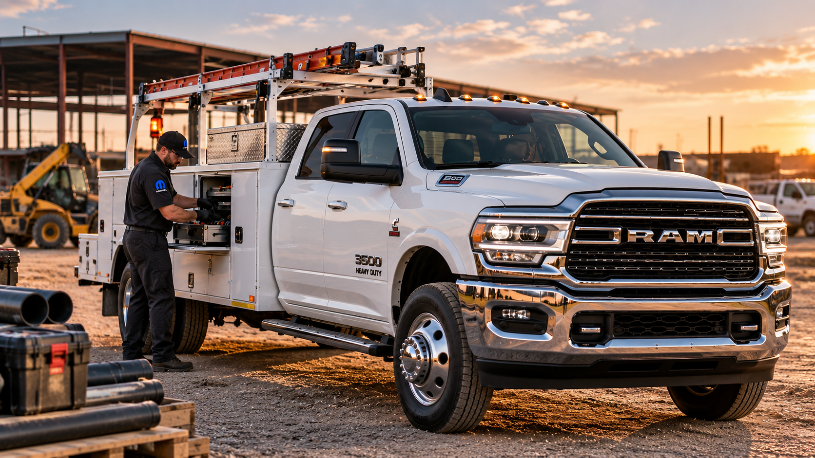 RAM 3500 Heavy Duty commercial service truck at a construction site with work equipment and tools