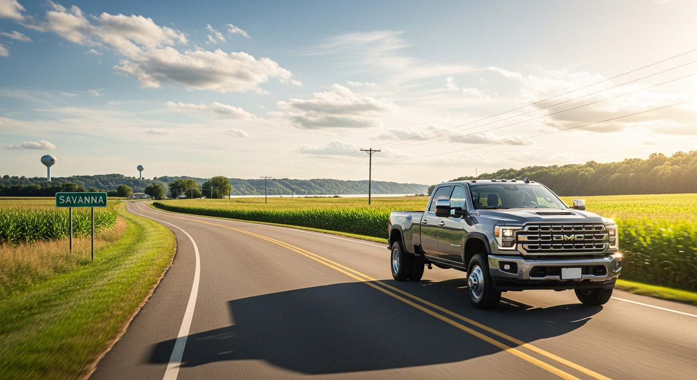 2026 heavy-duty pickup truck driving on a rural Illinois road
