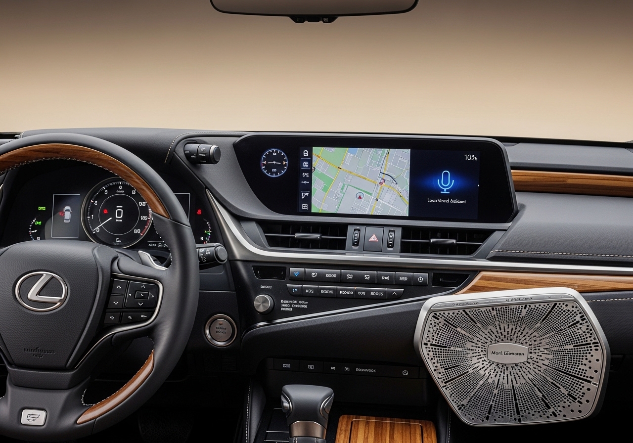 Modern luxury sedan interior with large touchscreen and ambient lighting