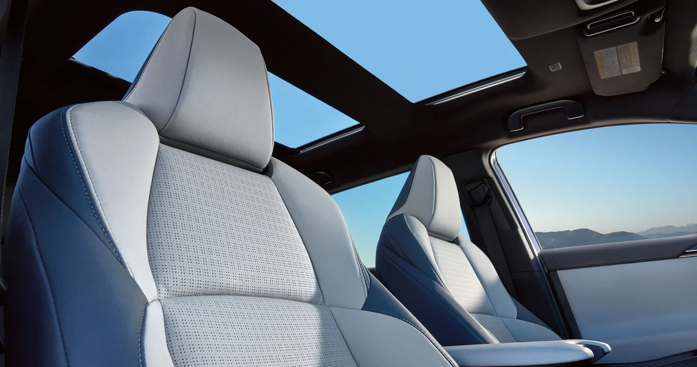 2023 Subaru Solterra front seats with gray and blue upholstery