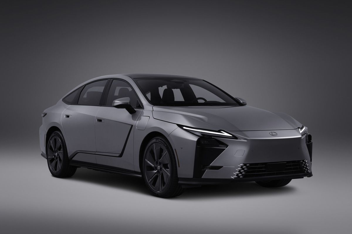 2026 Lexus ES 500e Luxury, three-quarter front studio view