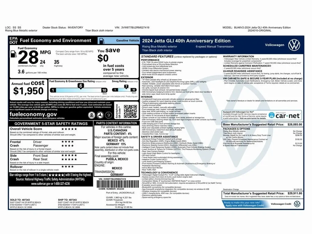 Used 2024 Volkswagen Jetta GLI 40th Anniversary Edition with VIN 3VW8T7BU2RM027419 for sale in Trooper, PA