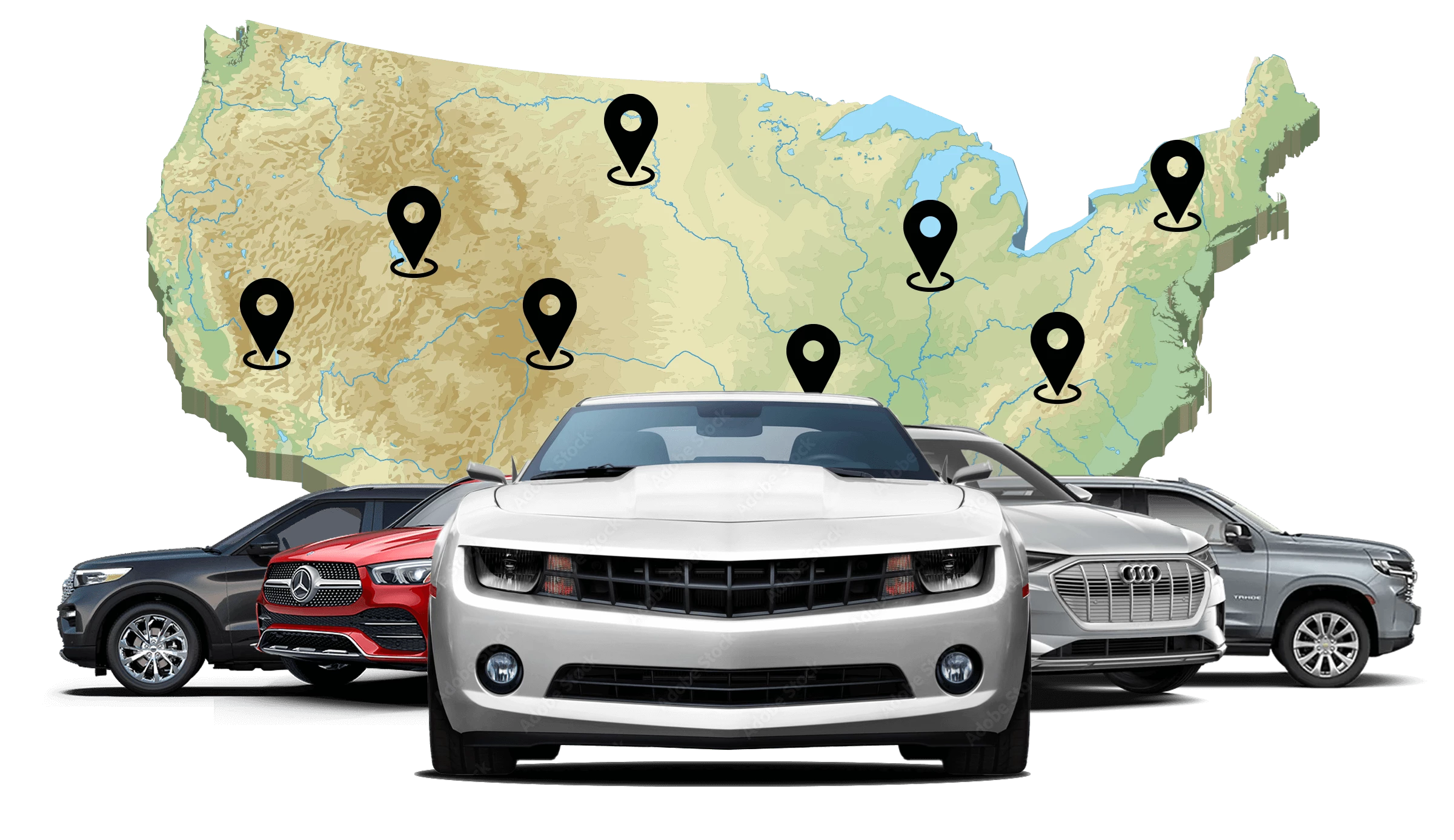 United States map with location pins behind a lineup of vehicles, representing CarDome's nationwide financing and out-of-state shipping
