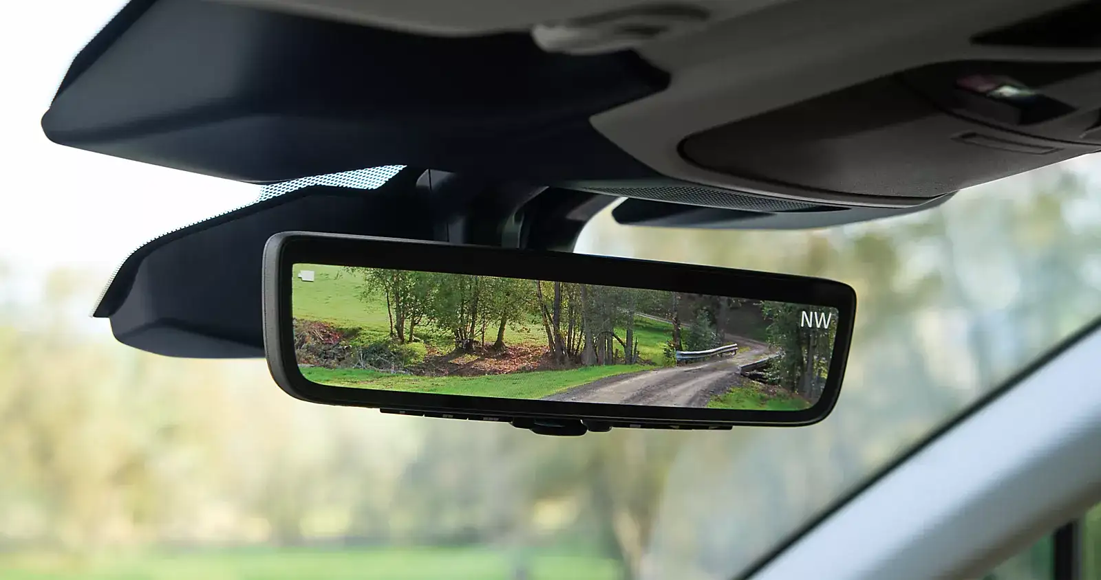 Subaru smart rearview mirror showing a camera view