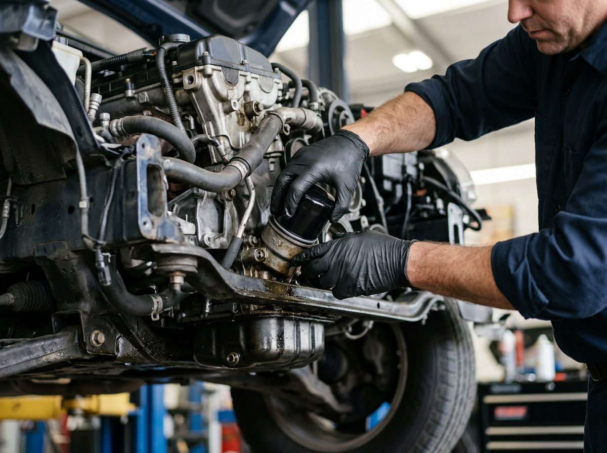 Close-up of a mechanic performing routine maintenance on an SUV, underscoring low ownership costs.