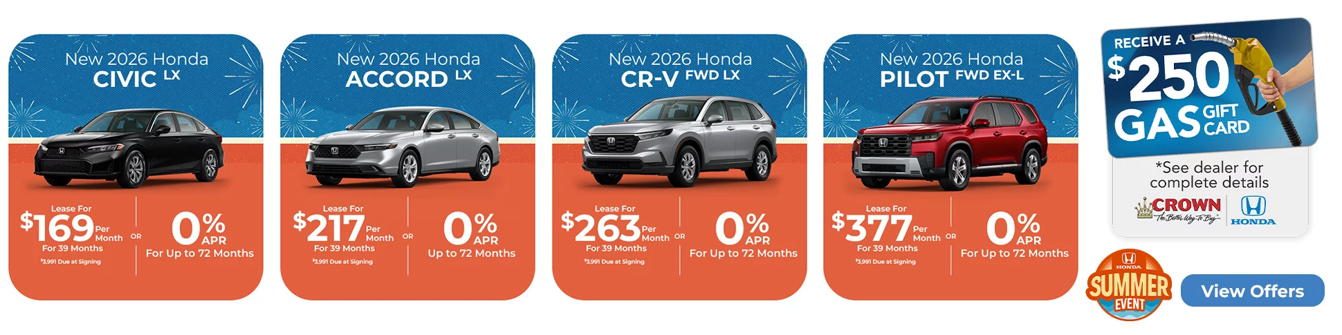 New 2026 Honda Civic LX, New 2026 Honda Accord LX, New 2026 Honda CR-V FWD LX, New 2026 Honda Pilot FWD EX-L