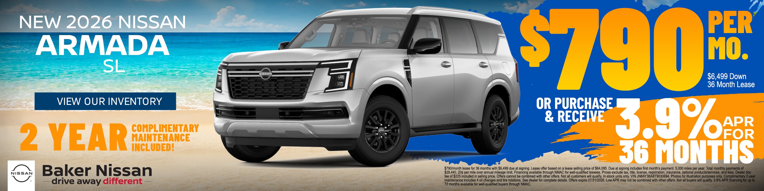 2026 Nissan Armada SV SUV available at Baker Nissan in Houston, TX with current lease and finance offers plus complimentary 2-year maintenance.