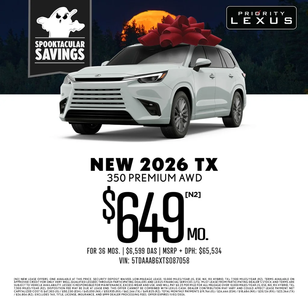 Priority Lexus Newport News Spooktacular Savings banner: white 2026 TX 350 Premium AWD with red bow under harvest moon, $649/mo lease offer.