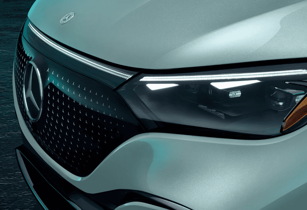 The front headlights of the Mercedes-Benz AMG EQE SUV.