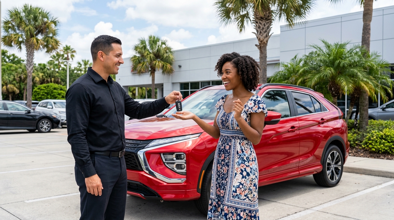 A car salesman in a black shirt hands keys to a smiling woman in a floral dress in front of a red SUV. (Representative image for illustration purposes only. Actual vehicle may vary based on trim and configuration.)