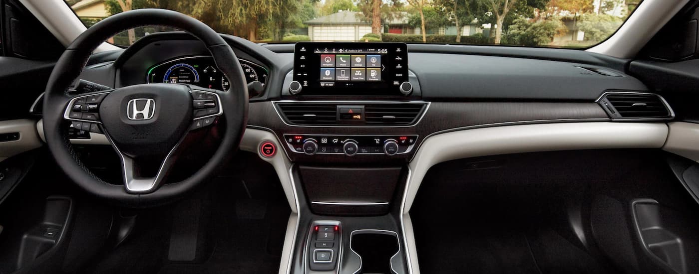 Black and grey interior of a 2021 Honda Accord Hybrid Touring