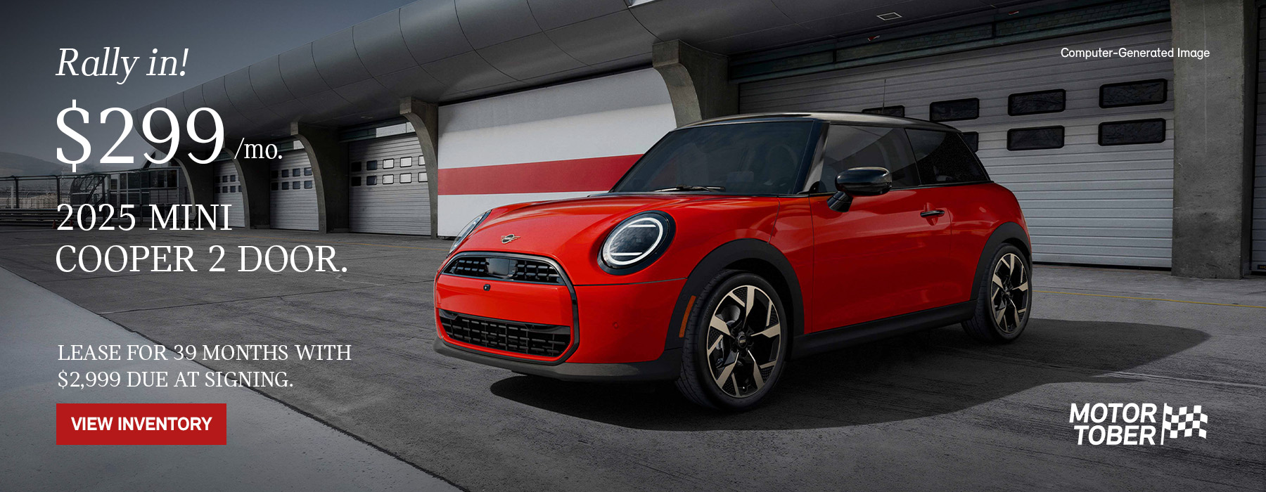 Front side view of MINI Cooper 2 Door parked in front of a garage. 