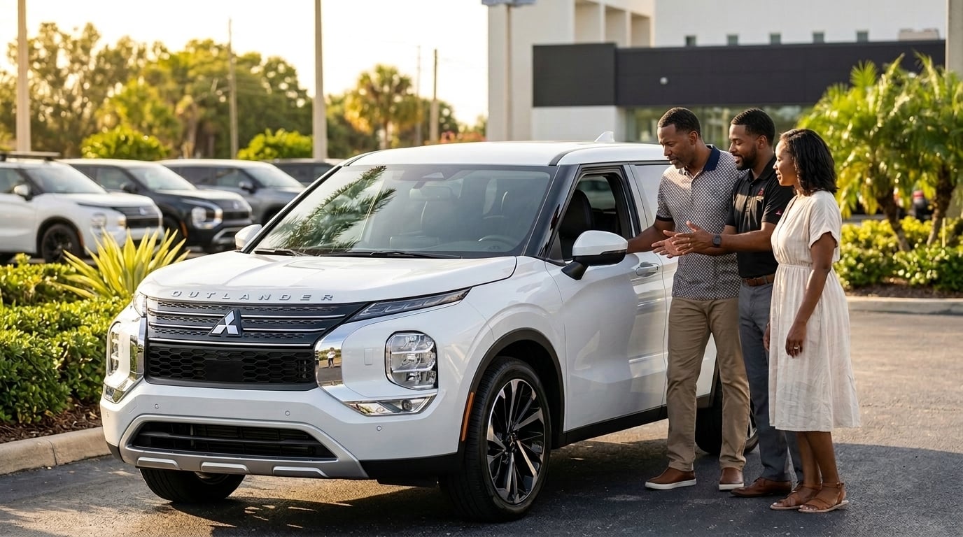 A man, woman, and car salesperson looking closely at a white Mitsubishi Outlander SUV in a parking lot.