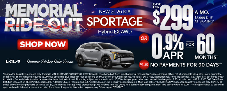 NEW 2026 Kia Sportage Hybrid EX AWD	"LEASE FOR $299/MO with $3,999 due at signing* OR 0.9% APR for 60 months** PLUS, NO PAYMENTS FOR 90 DAYS***"