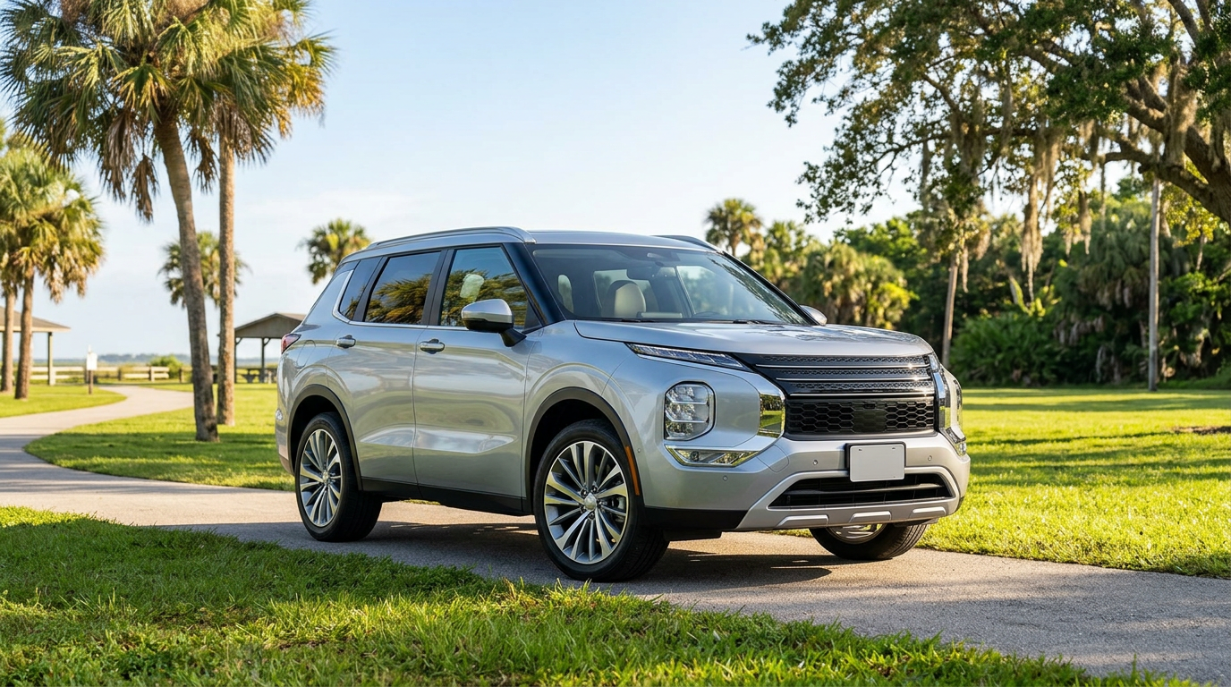 Silver Mitsubishi Outlander SUV parked on a paved park pathway surrounded by tropical palm trees and green grass. (Representative image for illustration purposes only. Actual vehicle may vary based on trim and configuration.)