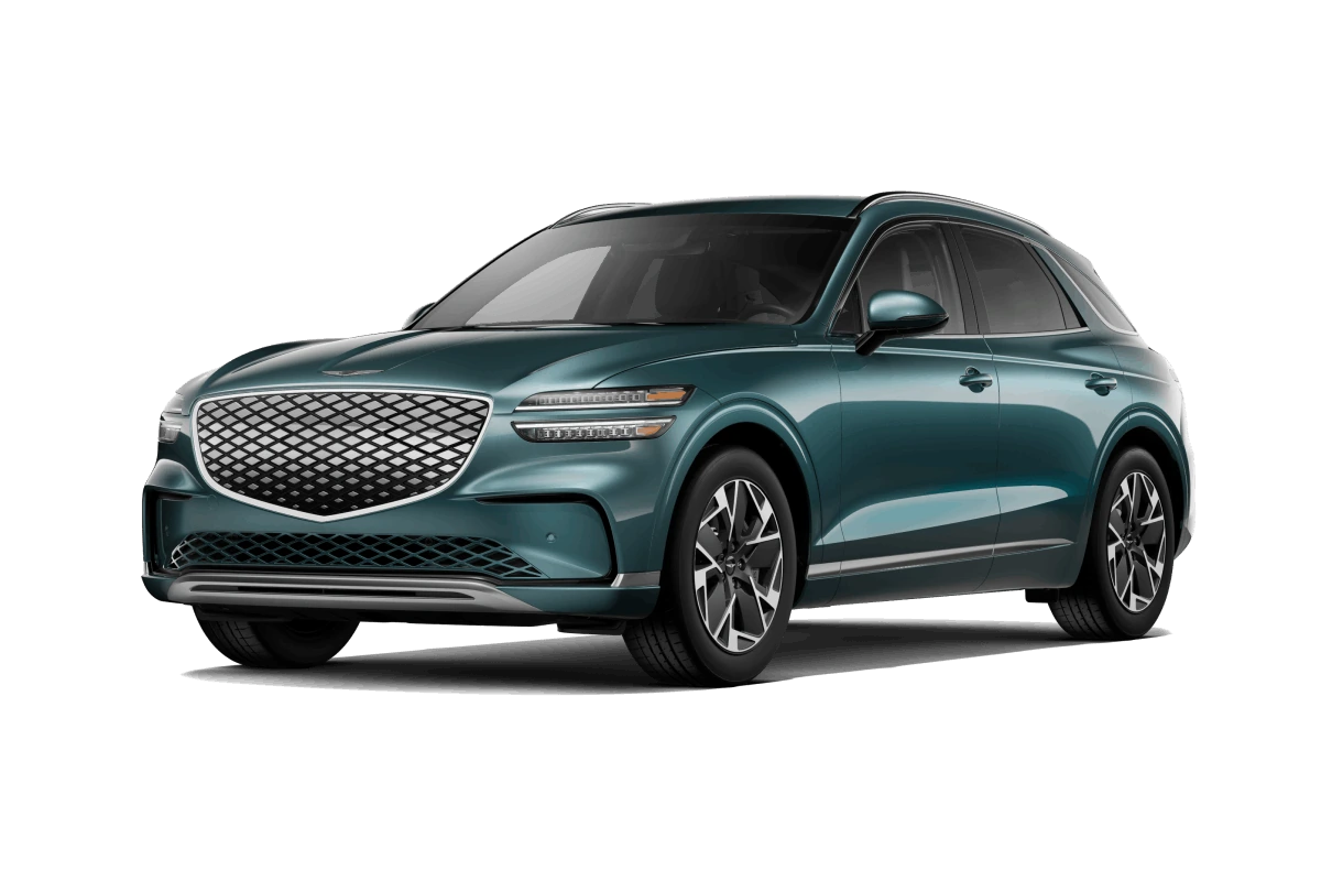 Teal Genesis Electrified GV70 shown from a front three-quarter angle.
