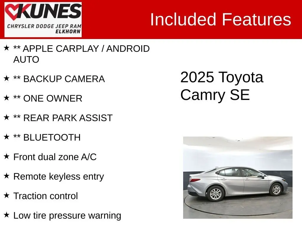 Used 2025 Toyota Camry SE with VIN 4T1DAACK0SU519669 for sale in Elkhorn, WI
