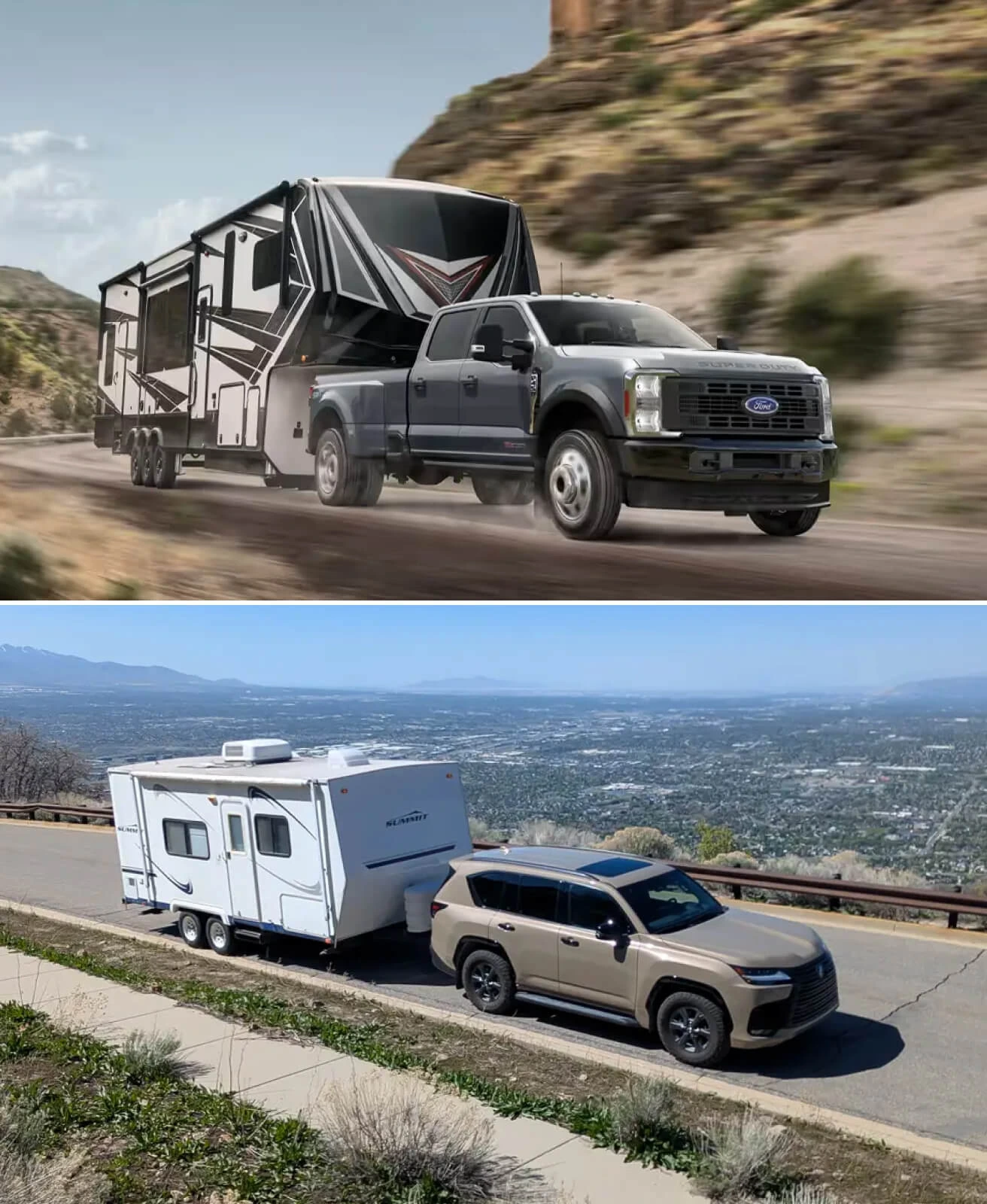 Low angle shot of a large truck towing a large fifth wheel down a mountain highway. High angle of an SUV towing a trailer down a cliffside road.