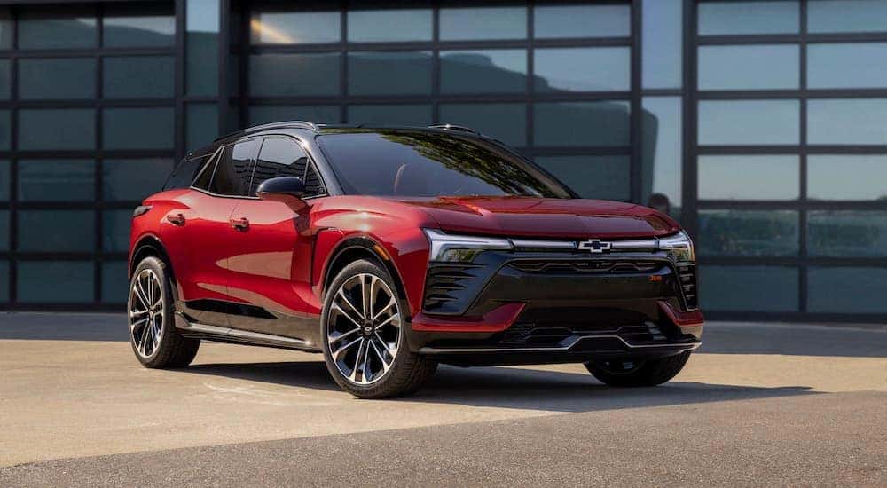 A red 2024 Chevy Blazer EV is shown from the front at an angle.