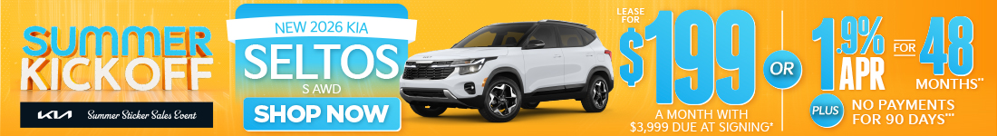 NEW 2026 Kia Seltos S AWD	"LEASE FOR $199/MO with $3,999 due at signing* OR 1.9% APR for 48 months** PLUS, NO PAYMENTS FOR 90 DAYS***"