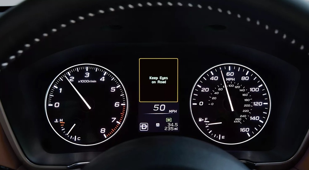 Close-up of a DriverFocus alert on the dashboard of a 2025 Subaru Legacy.