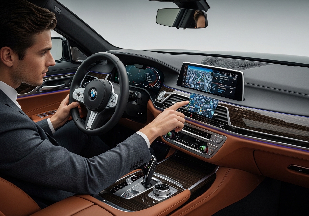 BMW 5 Series interior featuring digital displays and premium materials.
