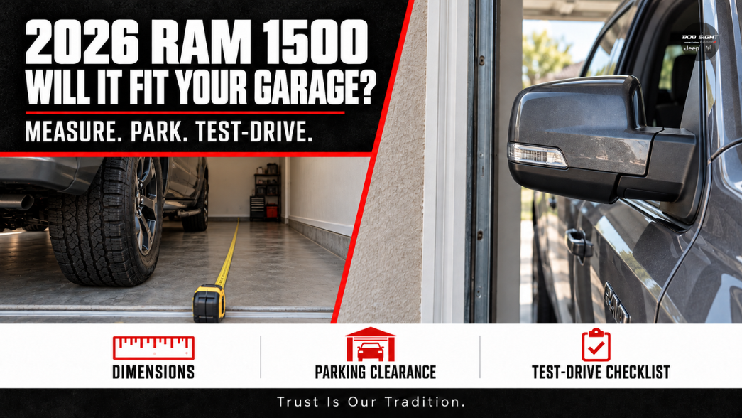 2026 Ram 1500 garage-fit guide showing a tape measure on the garage floor and side-mirror clearance for Lawrence, KS truck buyers.