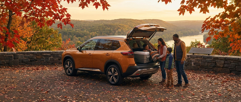 2026 Nissan Rogue parked at Tyler State Park in Bucks County PA during fall foliage season with orange and red trees