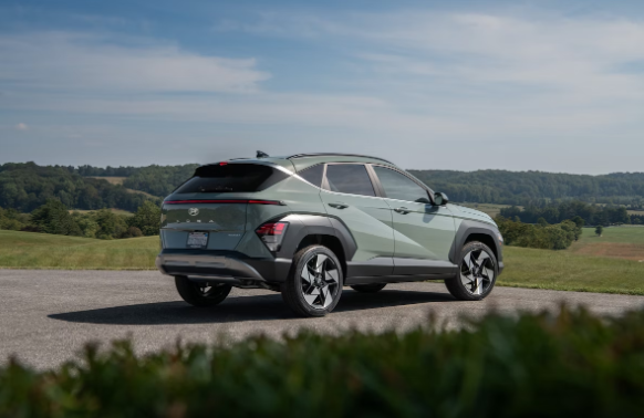 A SUV Car standing on a road with grass on the sides