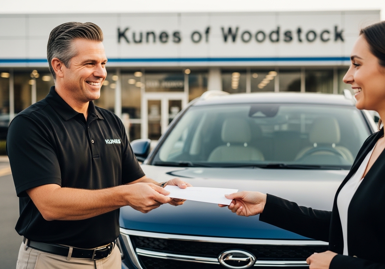 Salesperson handing car keys to a customer for trade-in
