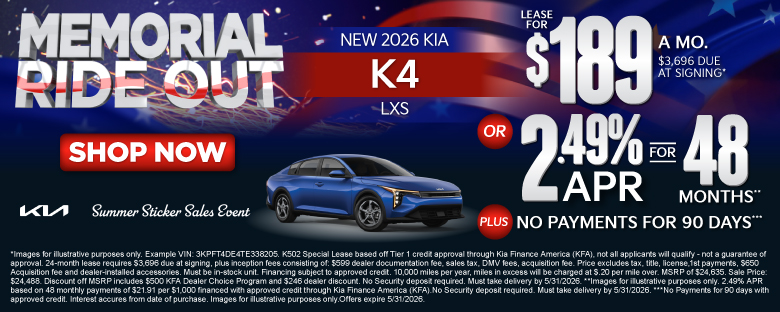 NEW 2026 Kia K4 LXS	"LEASE FOR $189/MO with $3,696 due at signing* OR 2.49% APR for 48 months** PLUS, NO PAYMENTS FOR 90 DAYS***"