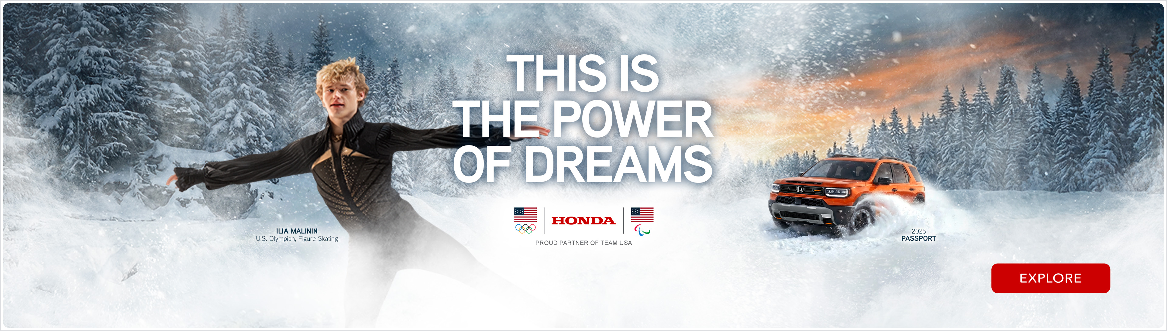 Olympic figure skater Ilia Malinin showed next to Honda and Olympic logos on snow background with orange 2026 Honda Passport off right