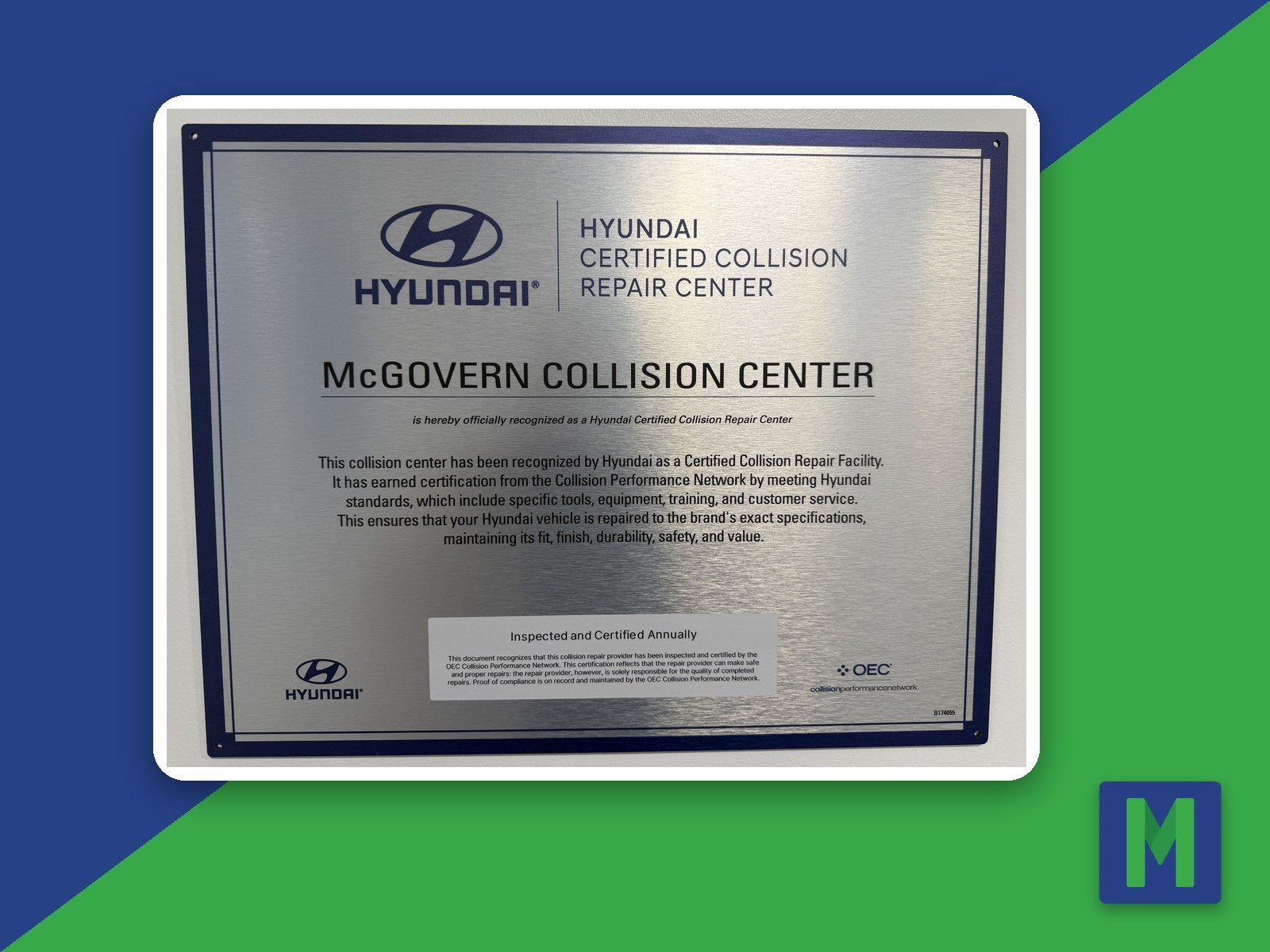 Hyundai certification plaque at McGovern Collision Center in Shrewsbury, MA