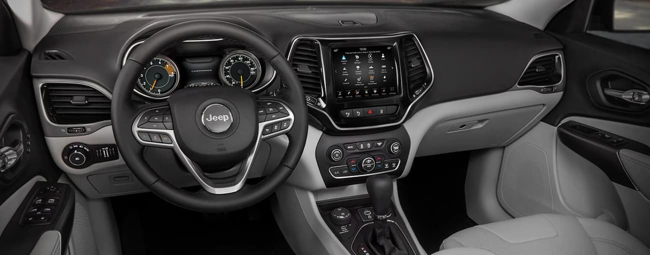Steering wheel and dashboard in a 2021 Jeep Cherokee