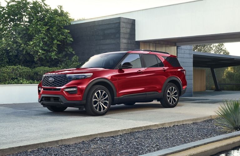 Red 2024 Ford Explorer ST-Line in a Driveway