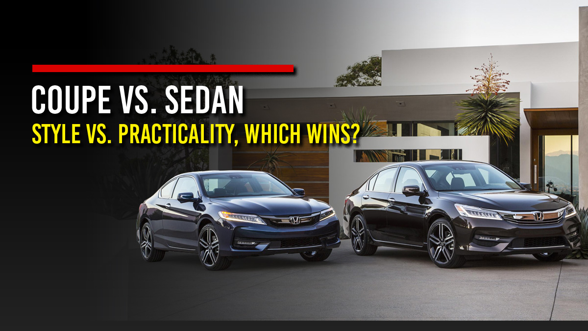 Dark blue Honda Accord Coupe and black Honda Accord Sedan parked side by side in front of a modern house, next to the headline “Coupe vs. Sedan: Style vs. Practicality, Which Wins?”