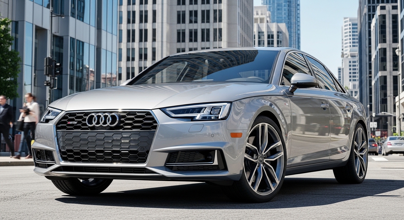 Audi A4 sedan driving on a scenic road