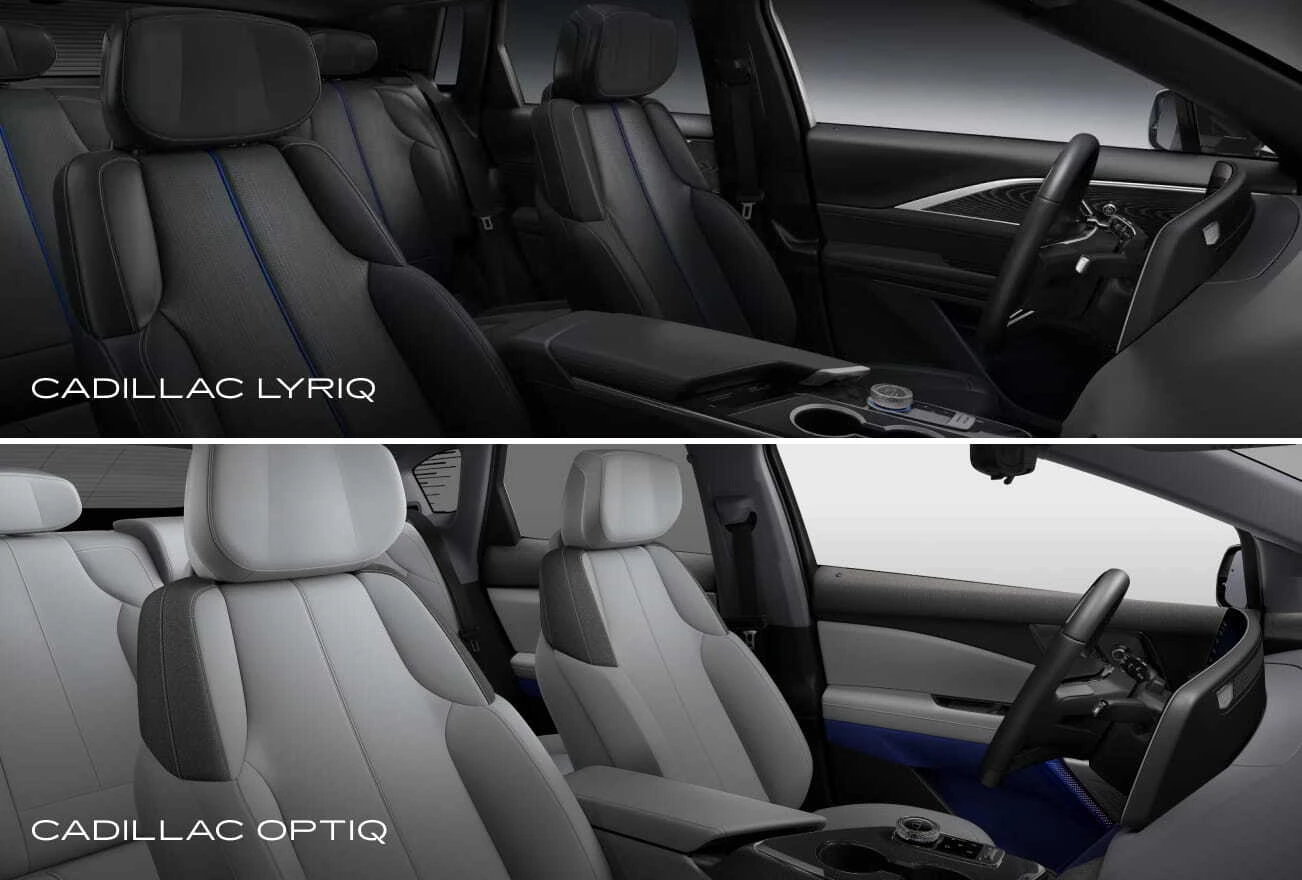 Seating comparison of the Cadillac LYRIQ and Cadillac OPTIQ, showing their front and rear seats.