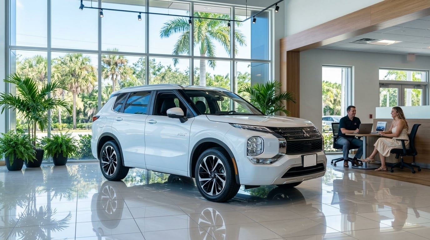 A white Mitsubishi SUV parked inside a bright dealership showroom while a salesperson works with a customer.