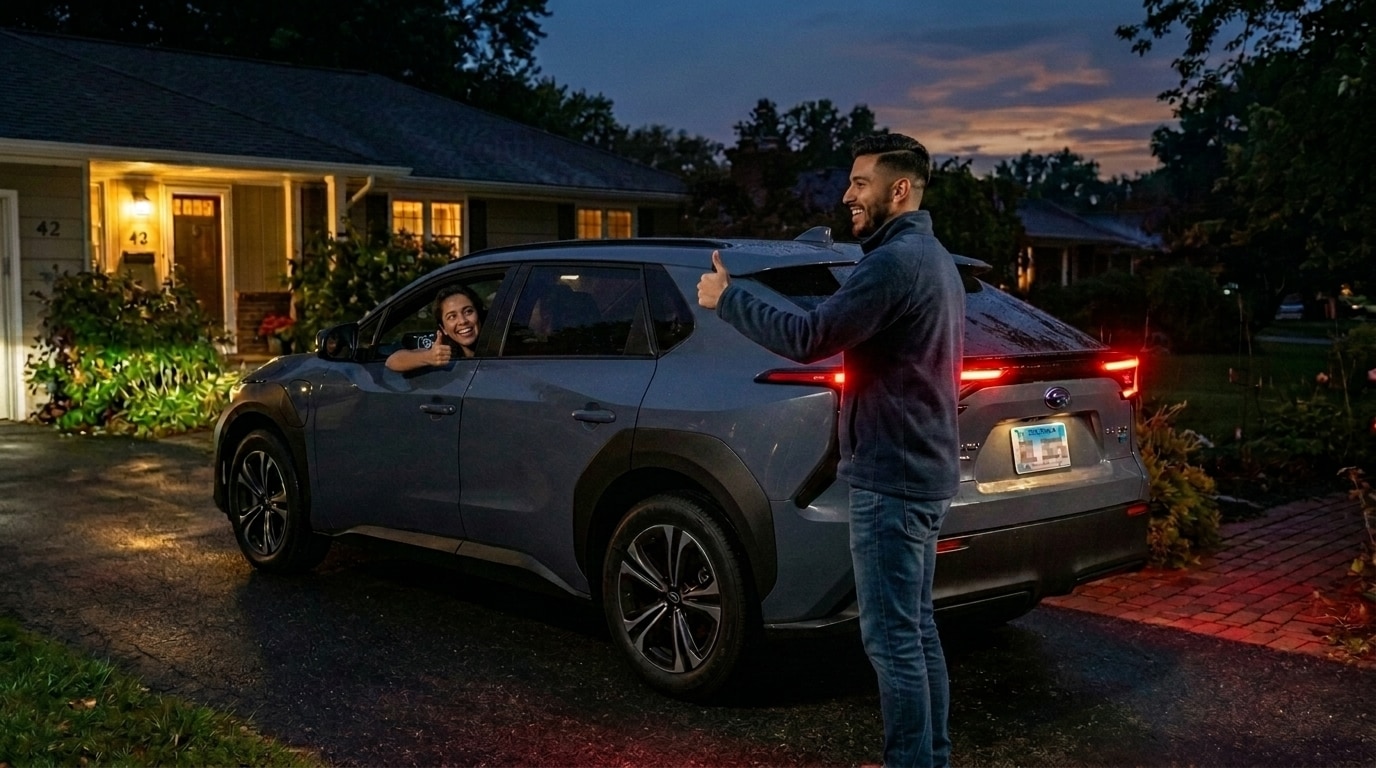 A young couple checking the lights before a road trip