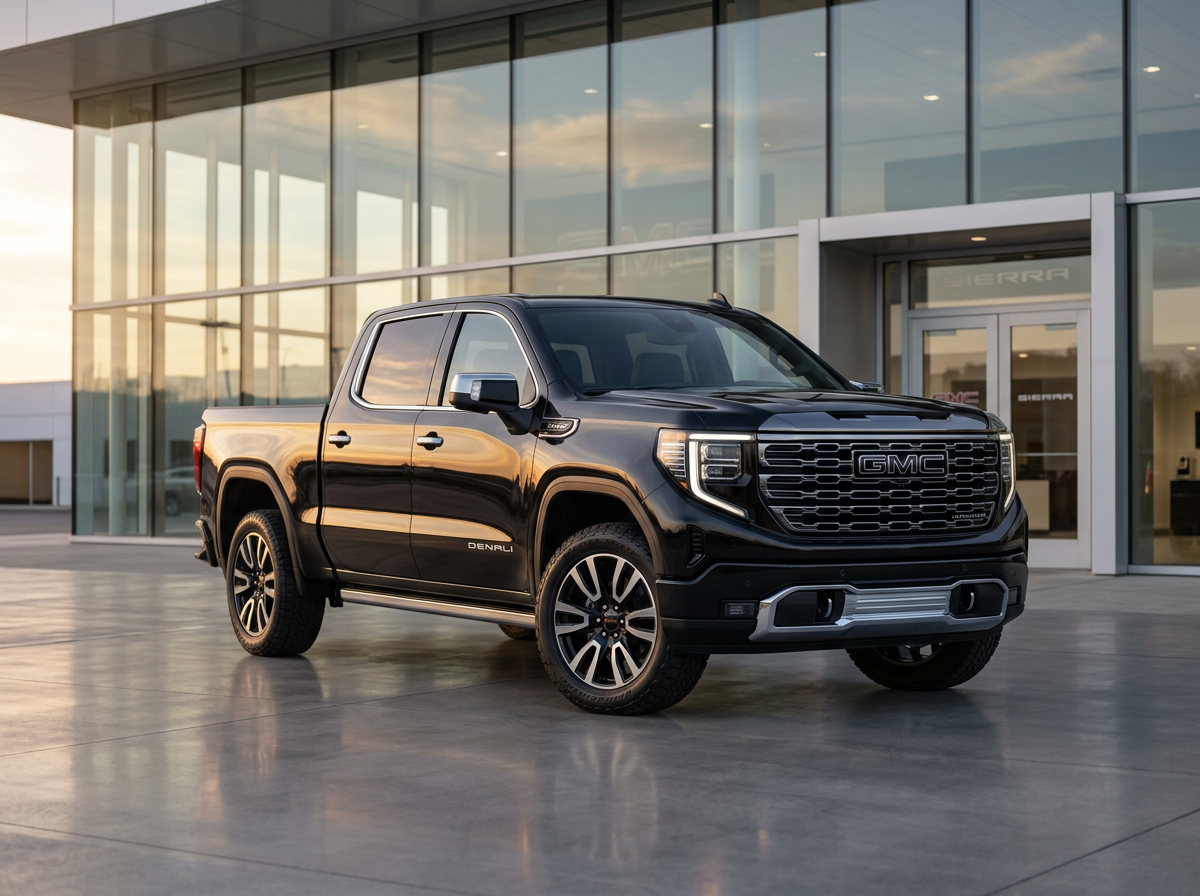 2027 GMC Sierra 1500 parked in front of a modern dealership, showcasing its bold new design
