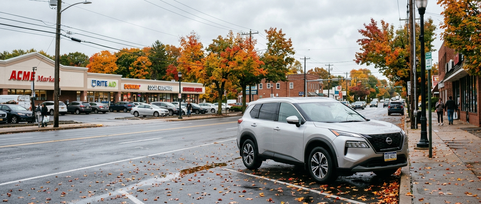 2027 Nissan Rogue on a wet October road along Route 309 in Montgomery County, Pennsylvania, fall leaves on the pavement